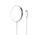 White circular magnetic wireless charger with silver metallic rim and USB-C cable for iPhone Pro Max magnetic wireless charging