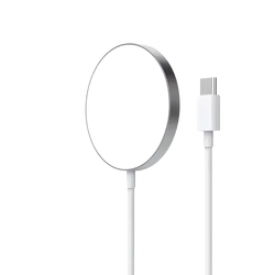 White circular magnetic wireless charger with silver metallic rim and USB-C cable for iPhone Pro Max magnetic wireless charging