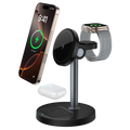 Black magnetic wireless charger stand with metallic base and holders for phone and watch for Apple devices