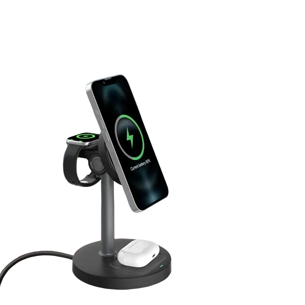 Black magnetic wireless charger stand 3-in-1 with integrated slots for iphone, apple watch, and airpods case