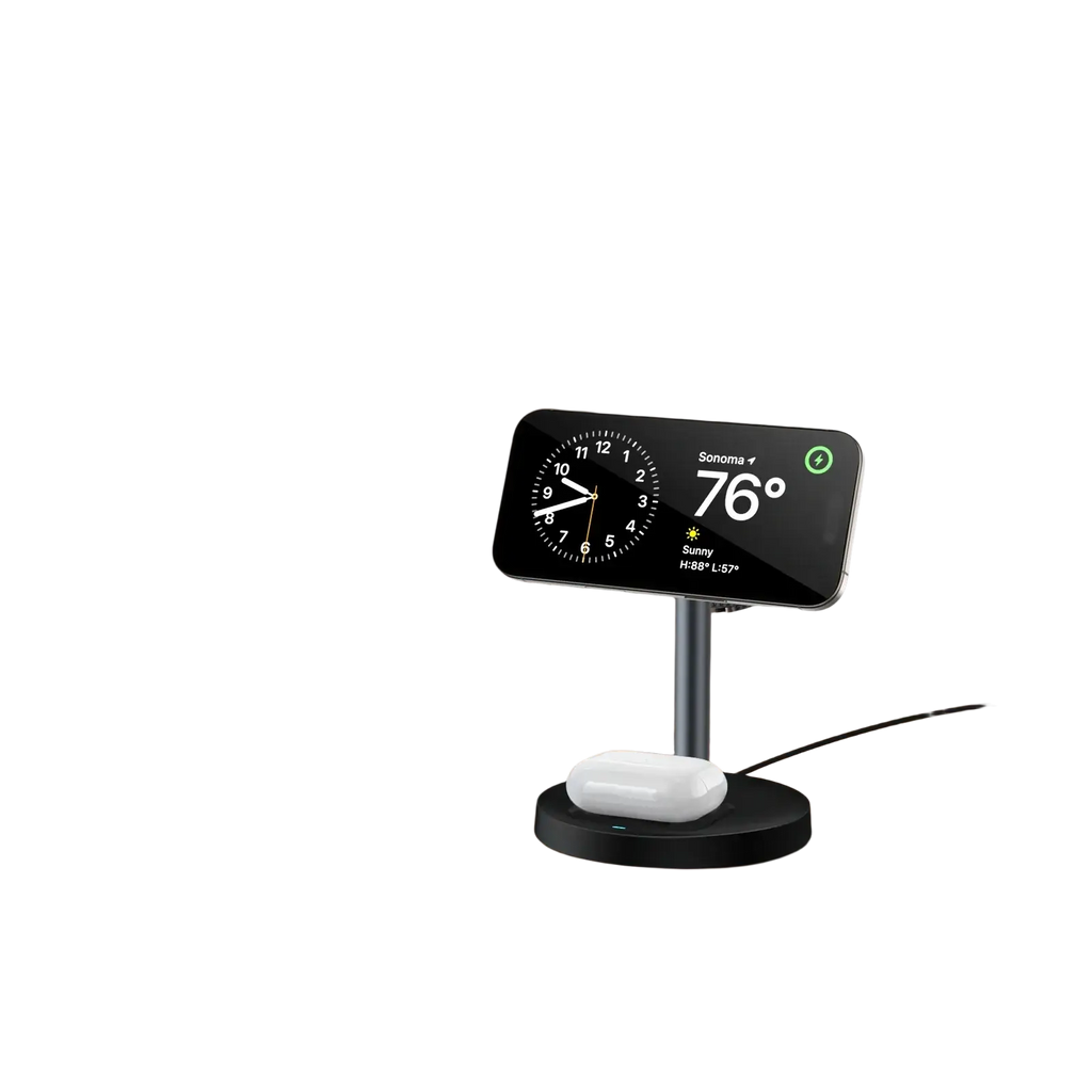 Black magnetic wireless charger stand with integrated clock display and phone holder for apple devices