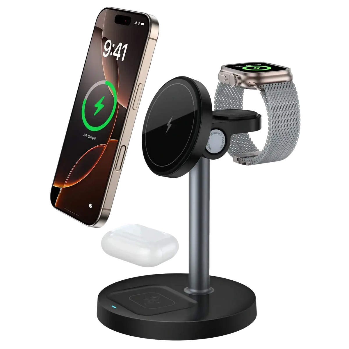 Black magnetic wireless charger stand with metallic base for iPhone 14 Pro Max and Apple Watch Series 8