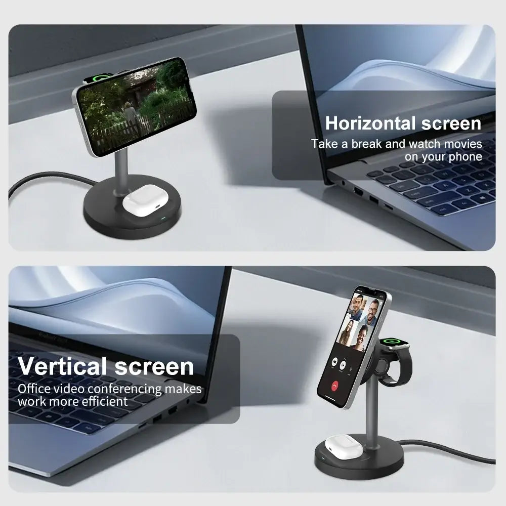 Black magnetic wireless charger stand 3-in-1 with phone and earbuds holder for apple devices