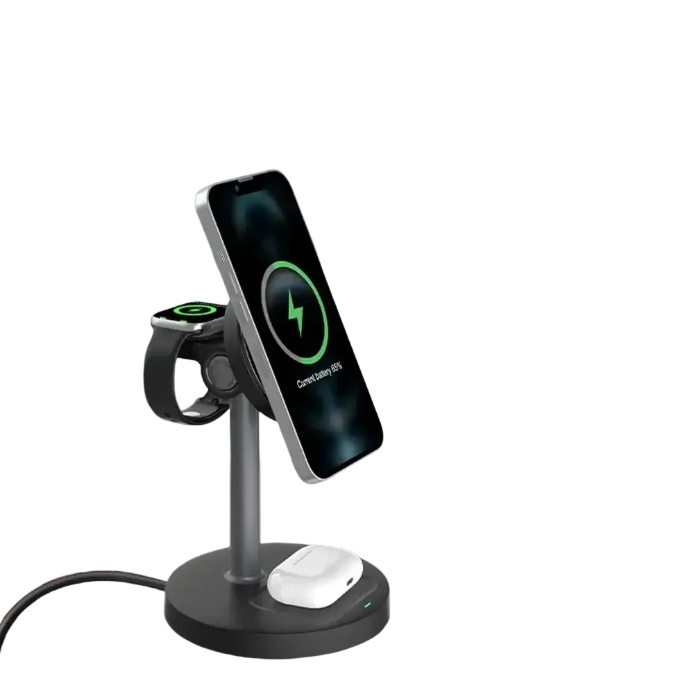 Black magnetic wireless charger stand 3-in-1 with phone watch and earbuds slots for apple devices