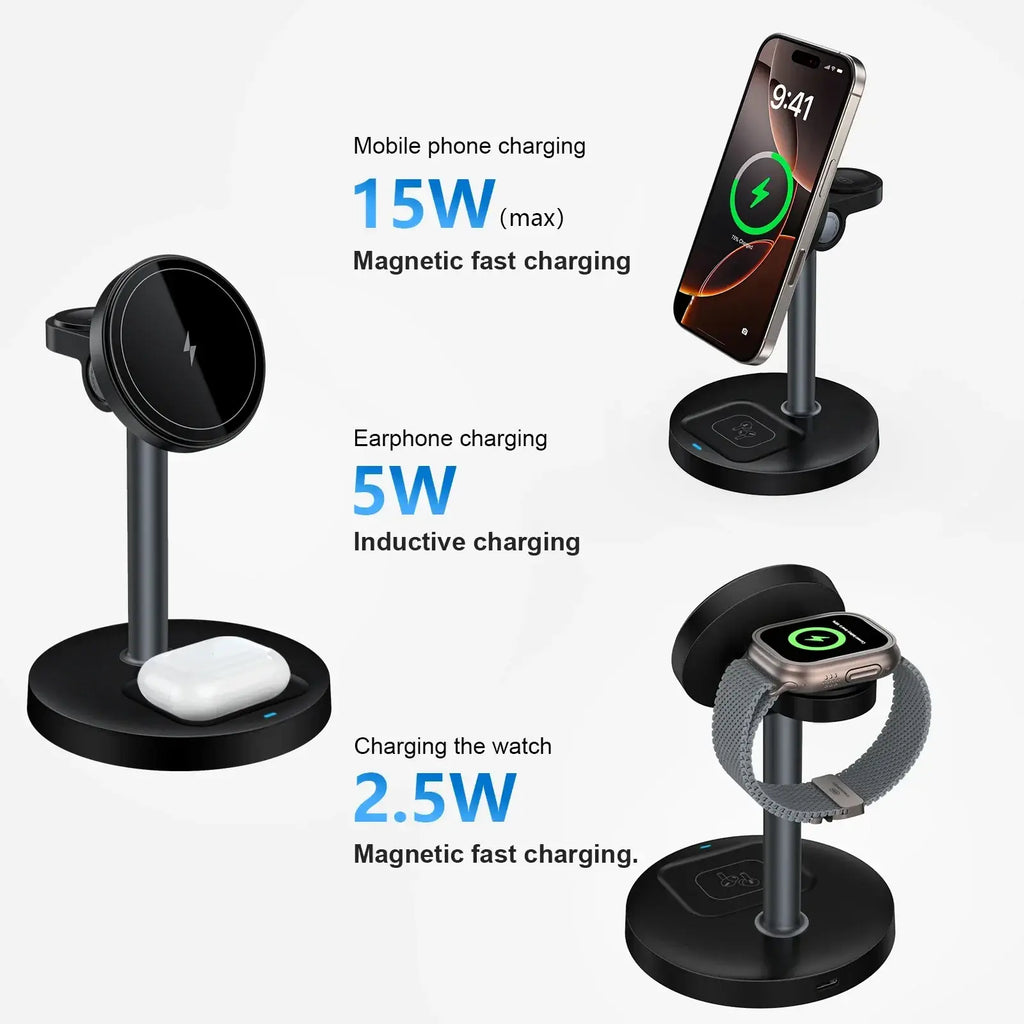 Black magnetic wireless charger stand 3-in-1 with multiple slots for phone earbuds and smartwatch for Apple devices
