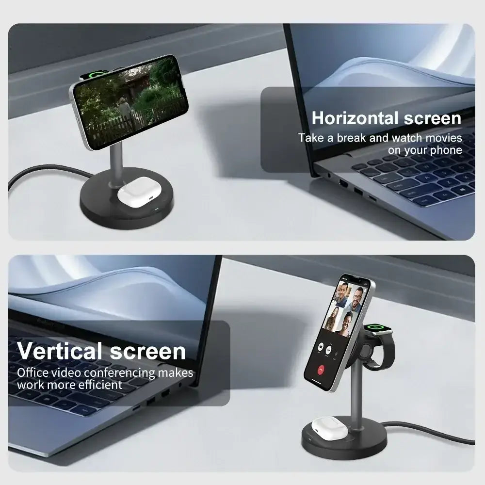 Black magnetic wireless charger stand with adjustable arm for vertical or horizontal phone and earbud positioning