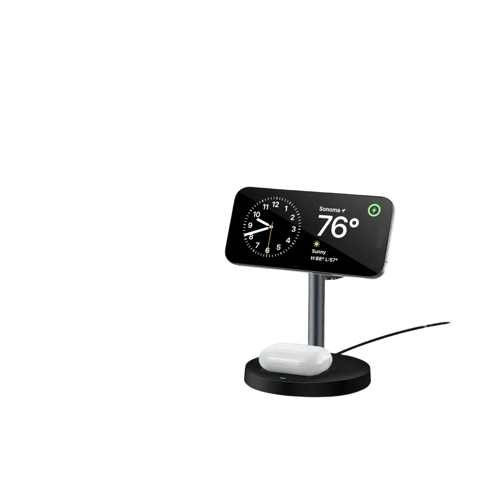 Black magnetic wireless charger stand 3-in-1 for apple with digital display showing time temperature and weather for sonoma