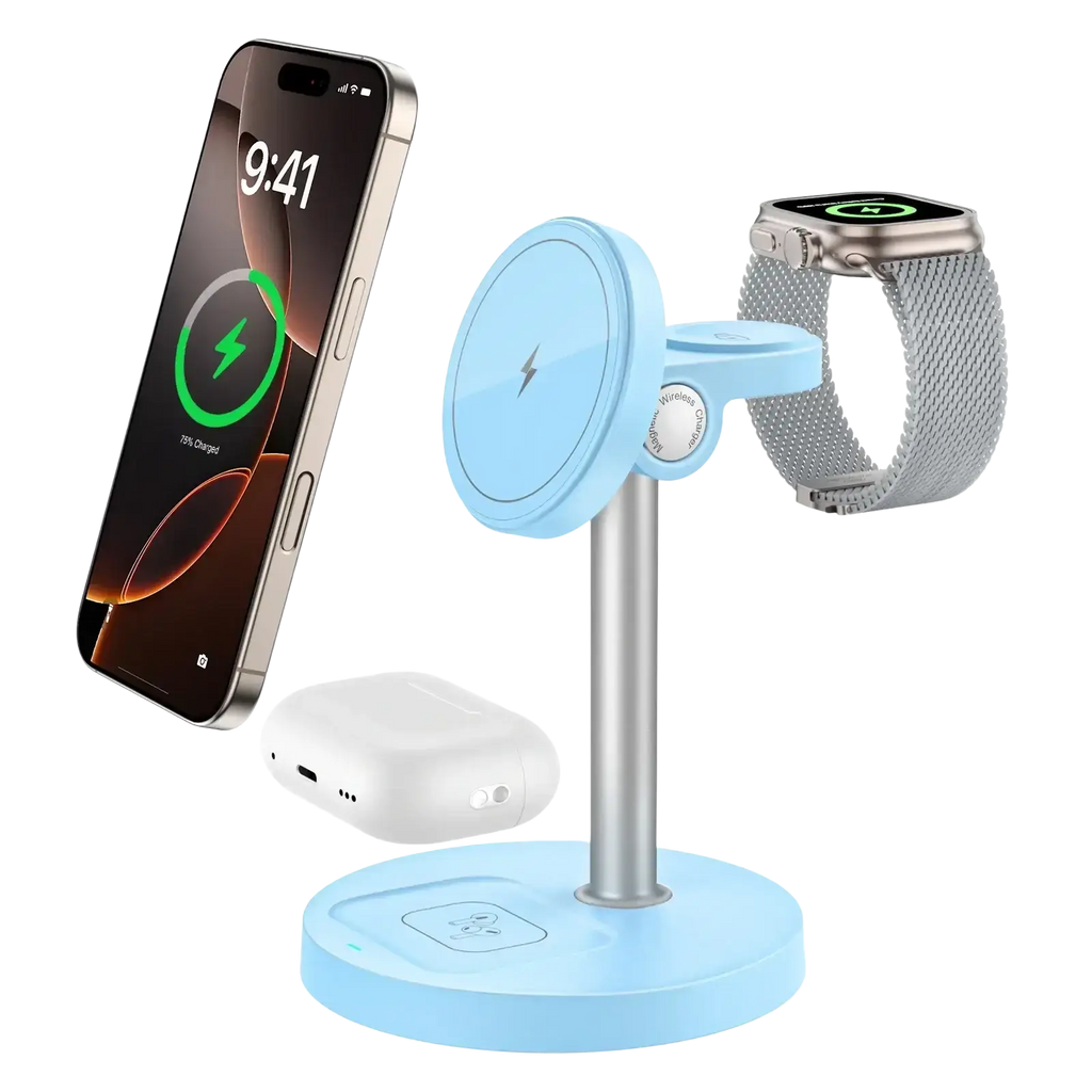 Light blue magnetic wireless charger stand with silver metallic base and circular pads for phone watch and earbuds