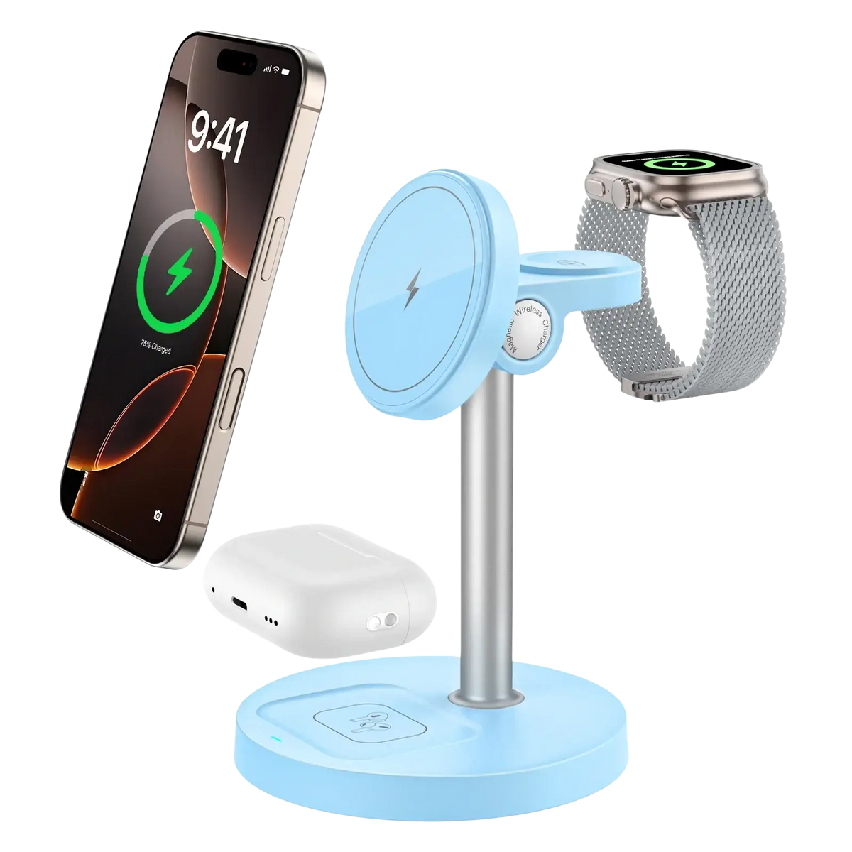 Light blue magnetic wireless charger stand 3-in-1 with silver stand and circular pads for Apple devices