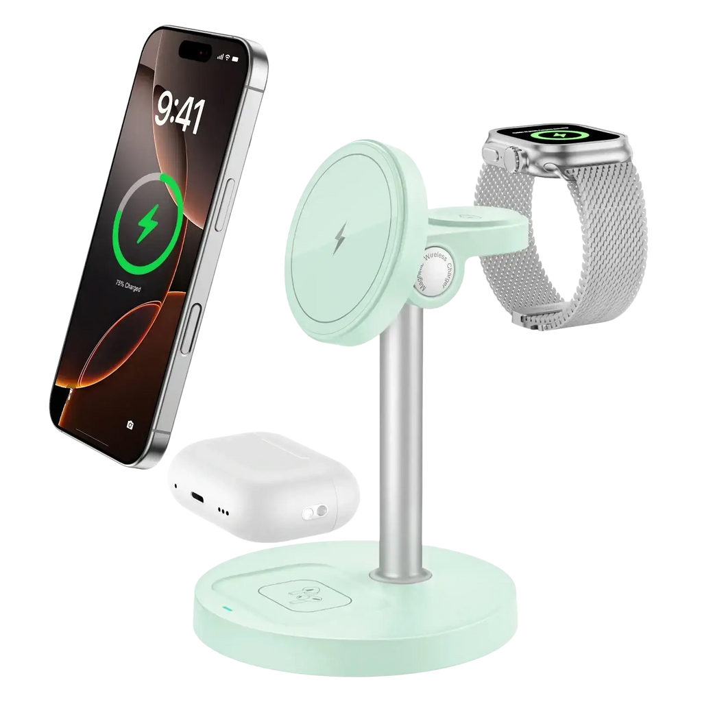 Mint green magnetic wireless charger stand with silver metallic base and adjustable arms for Apple devices