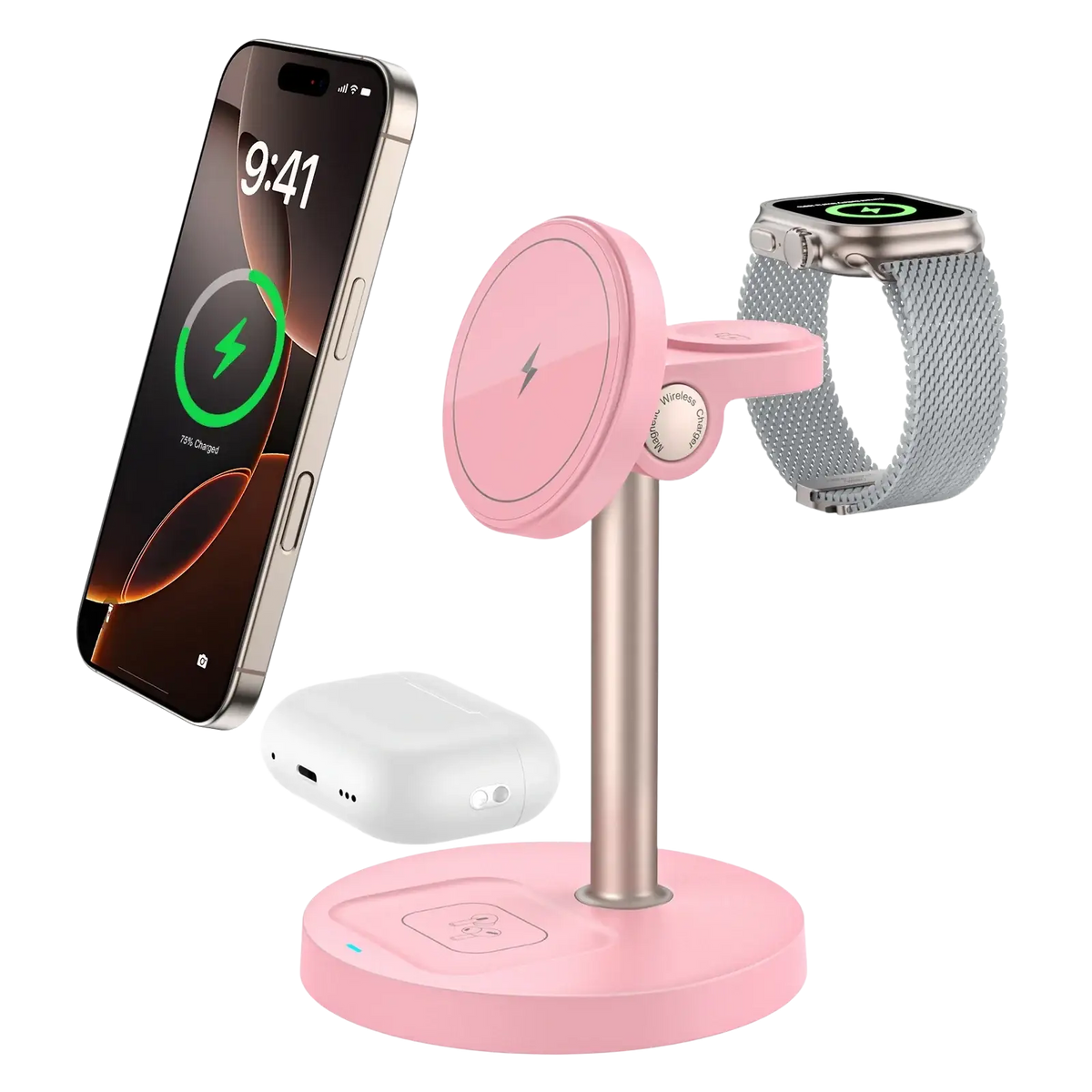 Pink magnetic wireless charger stand 3-in-1 with rose gold pole holding iphone and apple watch on wireless charging pads