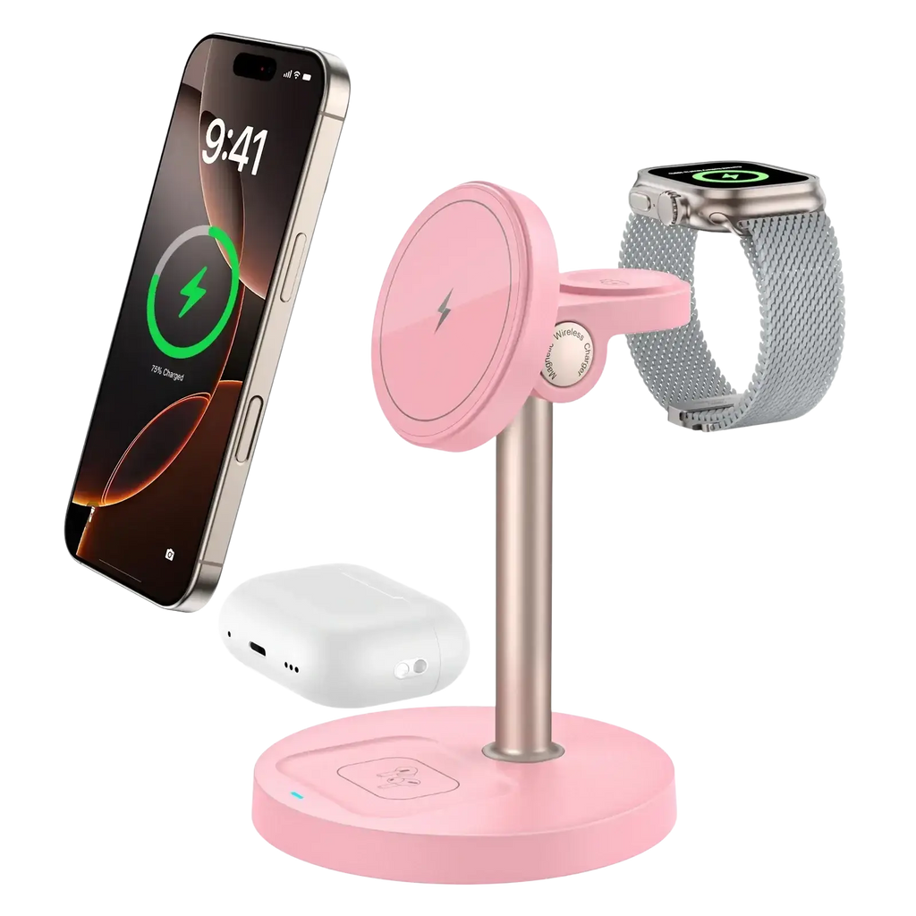 Pink magnetic wireless charger stand 3-in-1 with metallic base and circular pads for phone watch and earbuds charging
