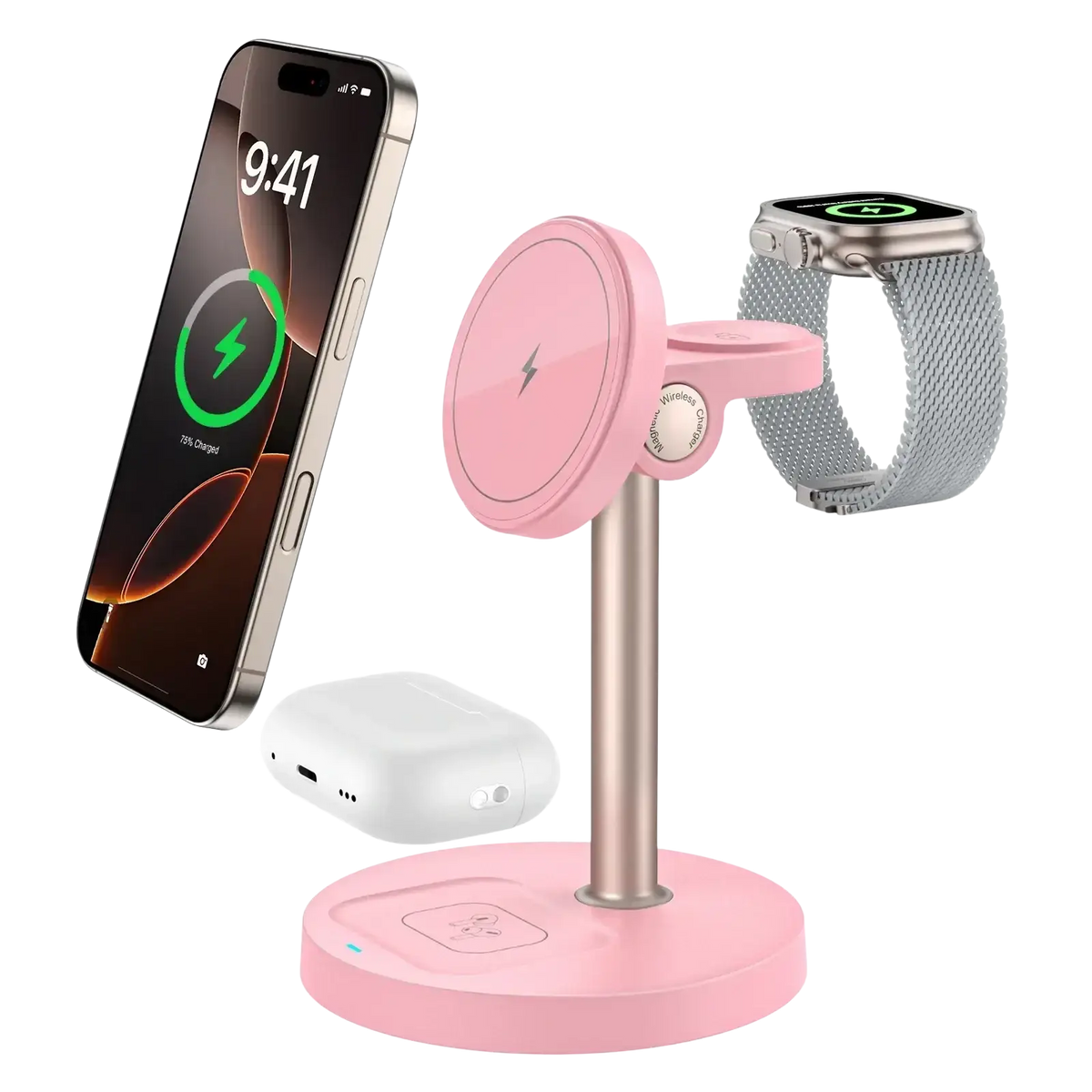 Pink magnetic wireless charger stand 3-in-1 with metallic base and circular pads for phone watch and earbuds charging