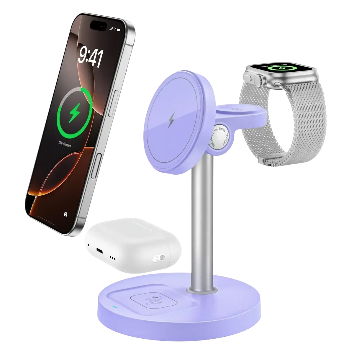 Purple magnetic wireless charger stand 3-in-1 with silver metallic base and adjustable arms for phone watch and earbuds