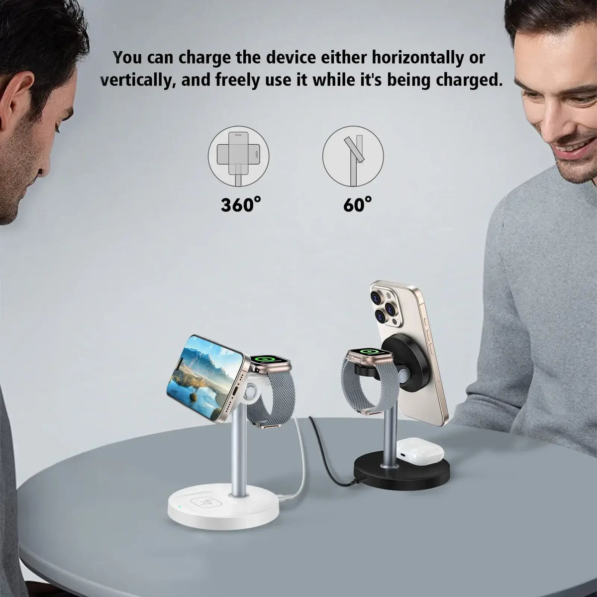 Silver and black magnetic wireless charger stand with 360-degree horizontal and 60-degree vertical adjustment for apple devices