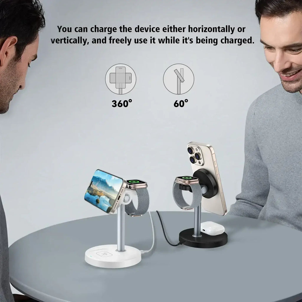 Silver and black magnetic wireless charger stand with adjustable 360 and 60 degree angles for apple devices
