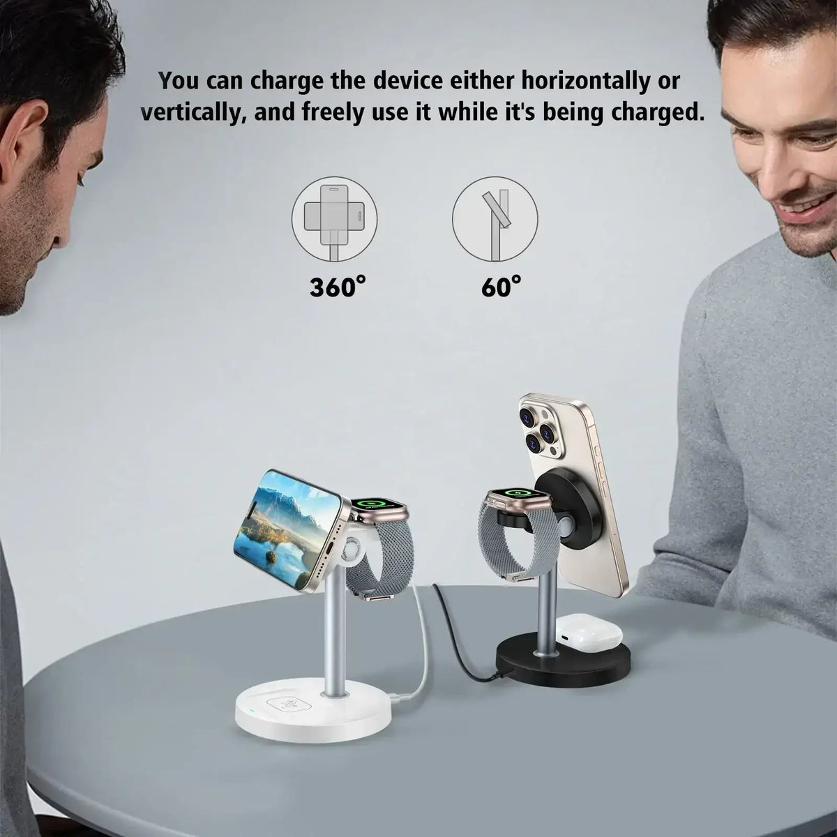 Silver and black magnetic wireless charger stand with adjustable 360 and 60 degree angles for apple devices