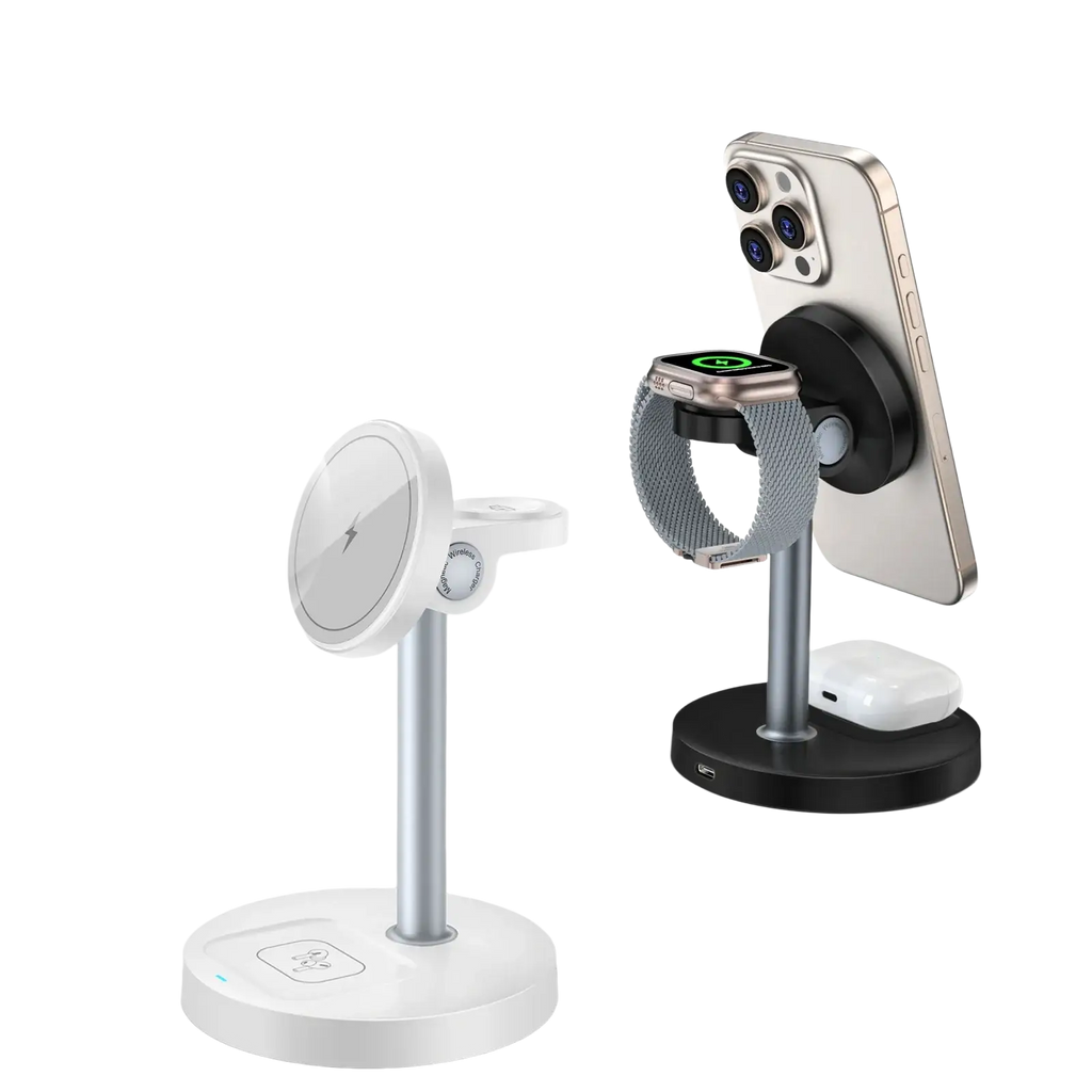 Silver iPhone with triple-camera and gold-tone bezel mounted on magnetic wireless charger stand 3-in-1 for Apple