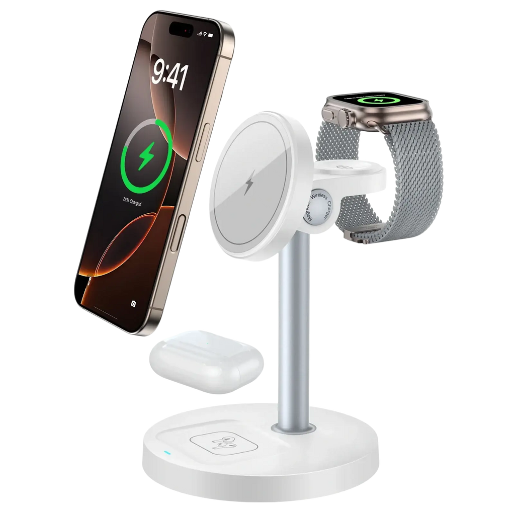 Silver and white magnetic wireless charger stand 3-in-1 with phone holder, watch cradle, and airpods docking area