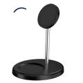 Black magnetic wireless charger stand with sleek minimalist design and metallic silver stem for iphone and airpods charging
