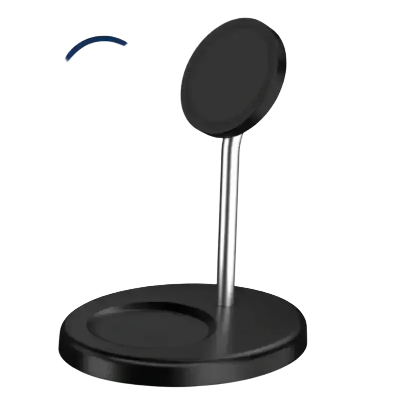 Black magnetic wireless charger stand with sleek minimalist design and metallic silver stem for iphone and airpods charging