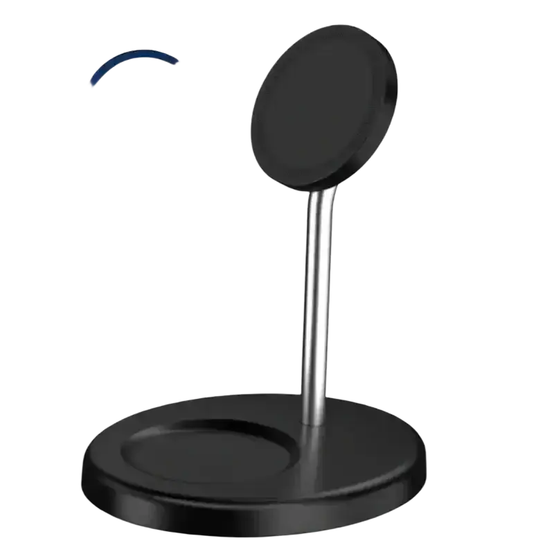 Black circular magnetic wireless charger stand with sleek metallic stem and base for iphone and airpods wireless charging