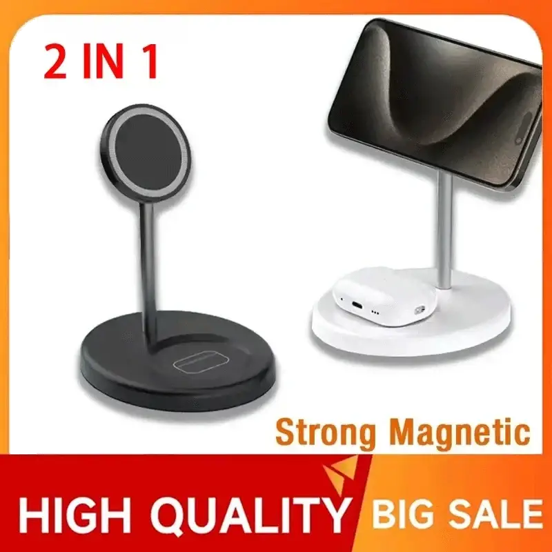 Black and white 2-in-1 magnetic wireless charger stand with circular base and slender stem for iphone and airpods charging