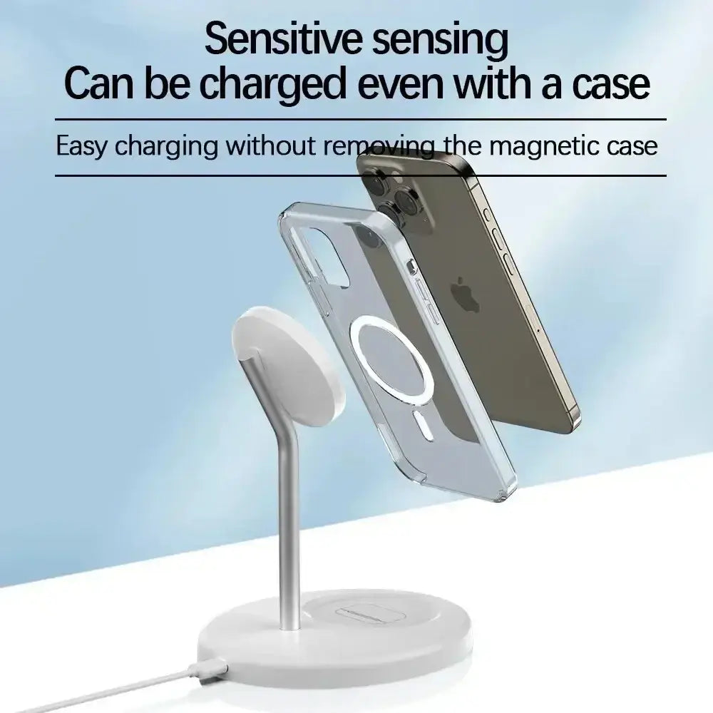 A sleek white magnetic wireless charger stand with a minimalist design and slender metallic stem for iphone and airpods