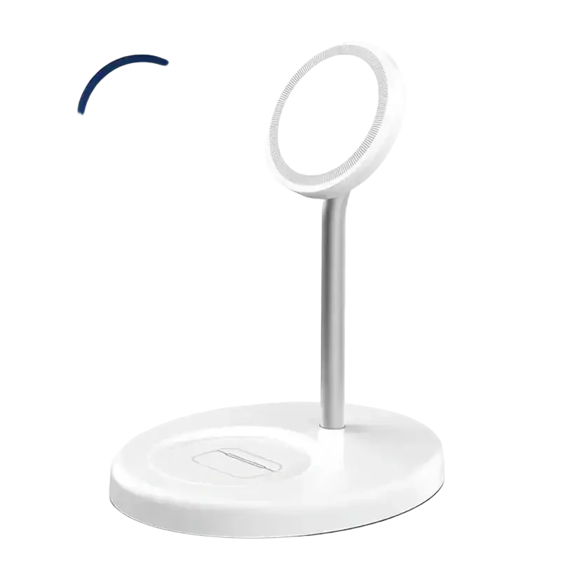 White magnetic wireless charger stand with circular base and sleek minimalist design for iphone and airpods wireless charging
