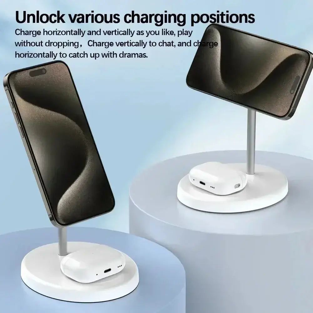 White circular magnetic wireless charger stand with adjustable silver metal arm holding iphone and airpods wireless charging