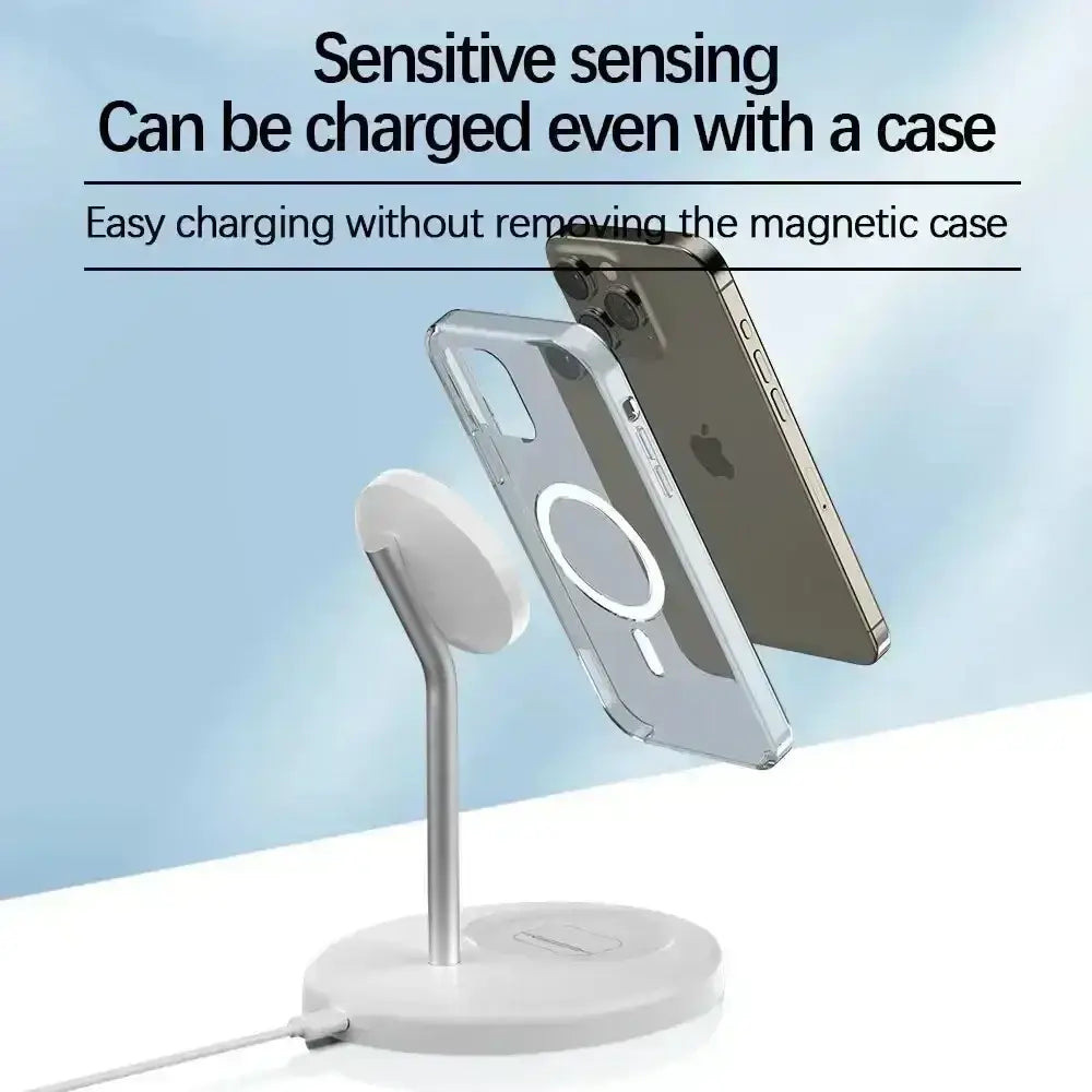 White circular magnetic wireless charger with sleek metallic stand for wireless charging iPhone and AirPods devices