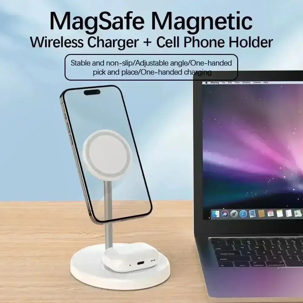 White magsafe magnetic wireless charger stand with integrated cell phone holder for wireless charging iphone and airpods