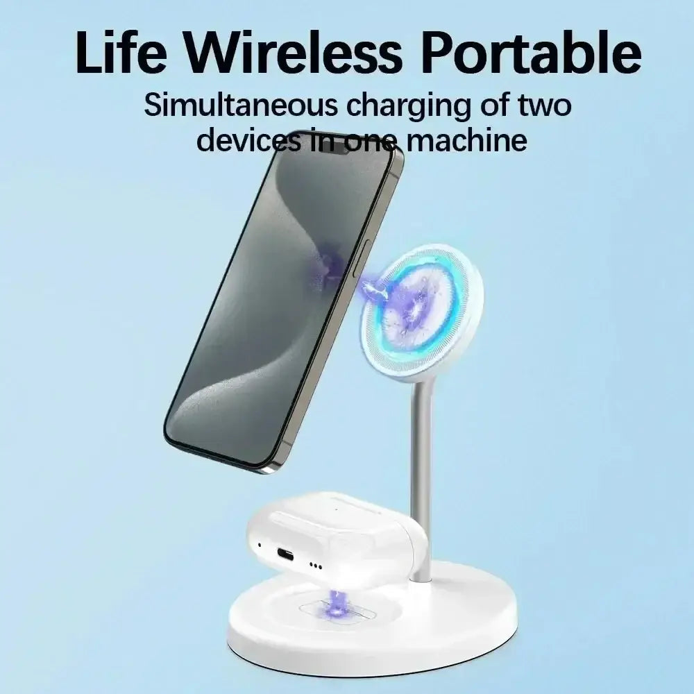 White magnetic wireless charger stand with dual charging zones for iphone and airpods wireless charging
