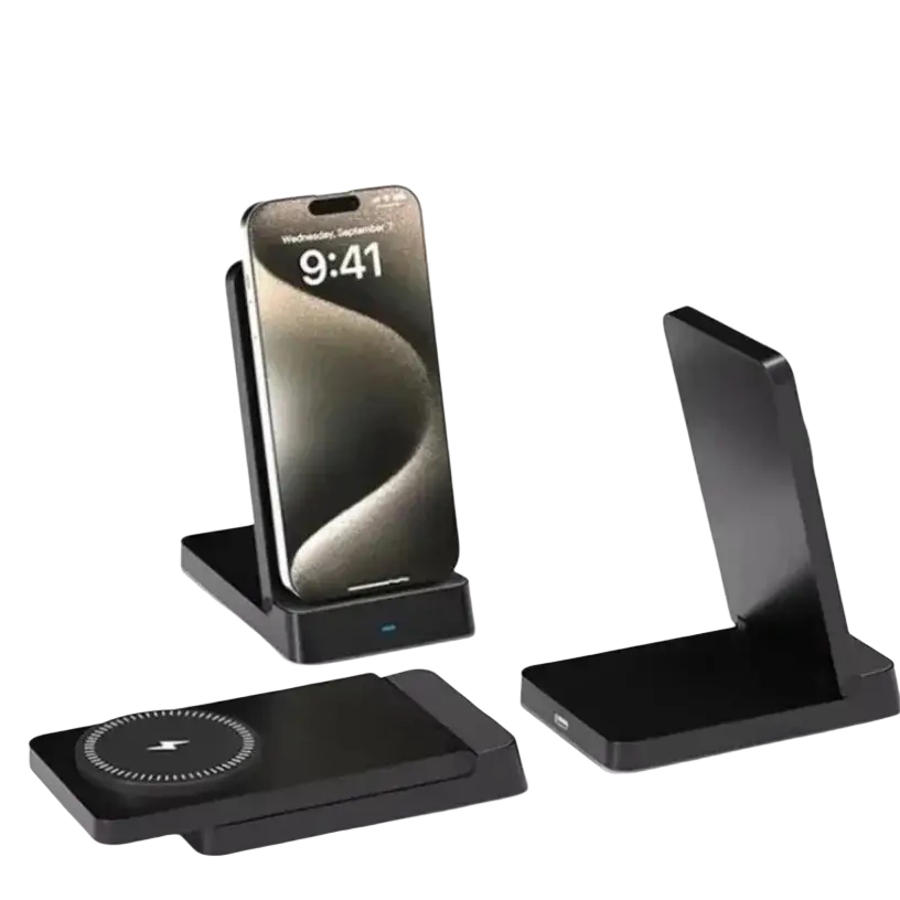 Black magnetic wireless charger stand for iPhone with a sleek design, magnetic ring, and circular wireless charging indicator
