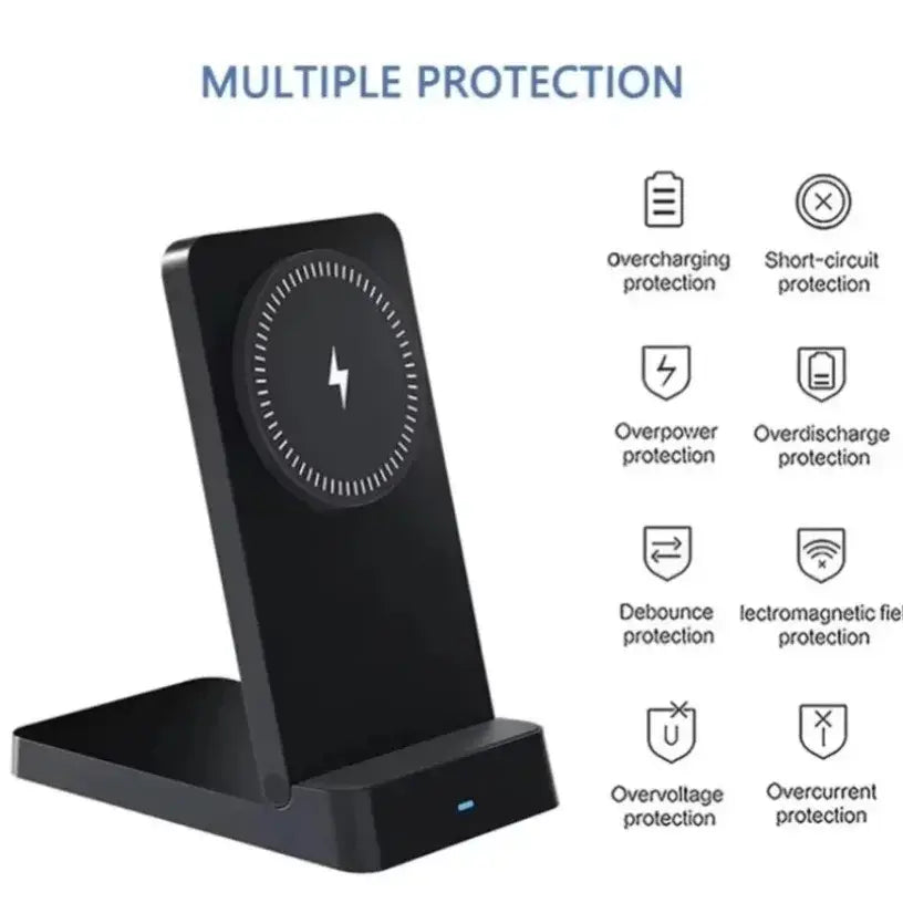 Black magnetic wireless charger stand for iPhone with circular magnetic ring and white lightning bolt symbol