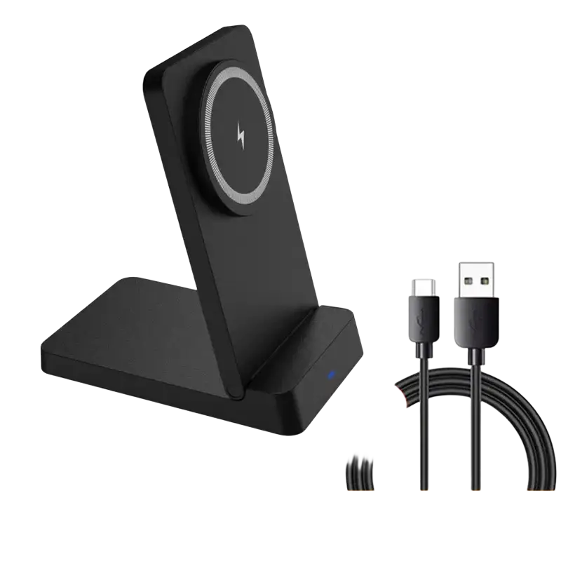 Black magnetic wireless charger stand for iphone with circular charging pad and included usb-c cable for wireless charging