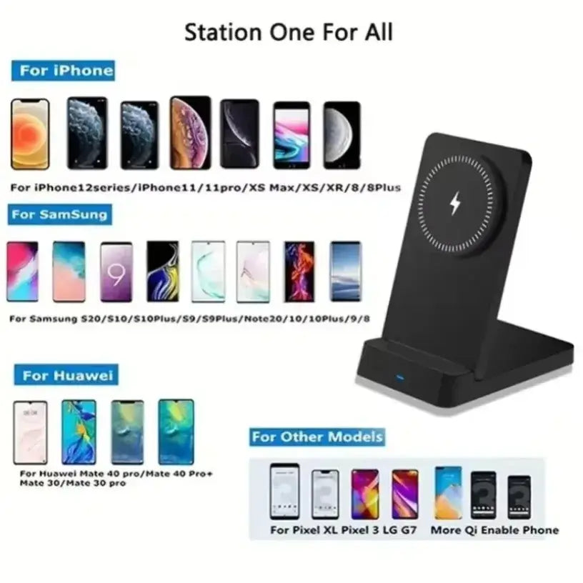 Black magnetic wireless charger stand for iphone with circular lightning bolt design and magnetic ring for wireless charging