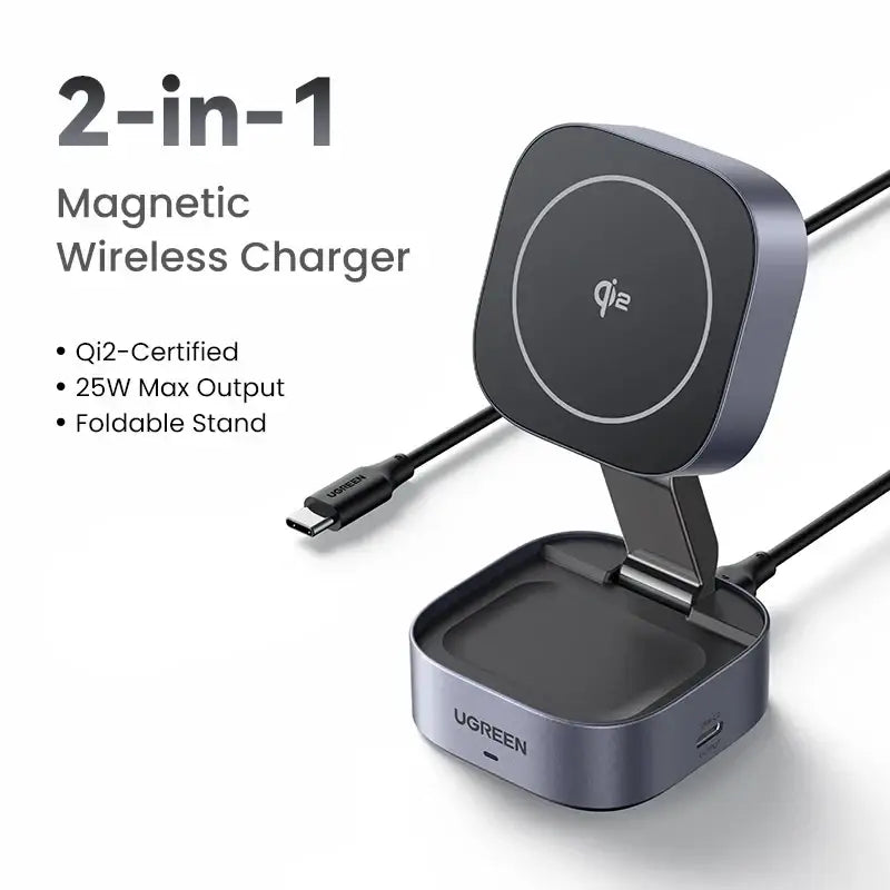 Matte gray ugreen magnetic wireless charger stand with 2-in-1 foldable design and qi2 certification for iphone