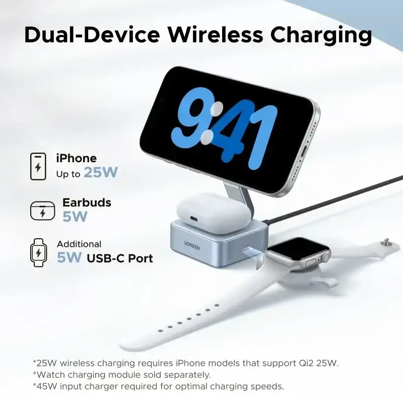 Silver Ugreen magnetic wireless charger stand for iPhone with dual-device wireless charging for phone and earbuds docked
