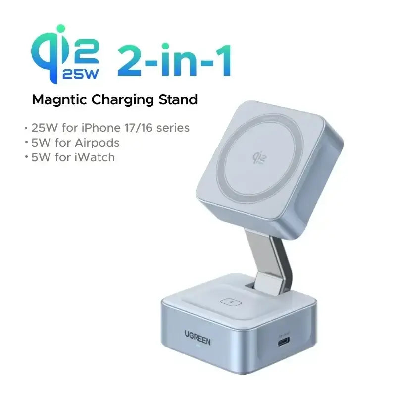 Silver Ugreen Qi2 2-in-1 magnetic wireless charger stand with adjustable arm and USB-C port for iPhone