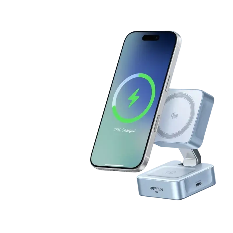 Silver ugreen qi2 25w magnetic wireless charger stand with adjustable angle and usb-c port for iphone
