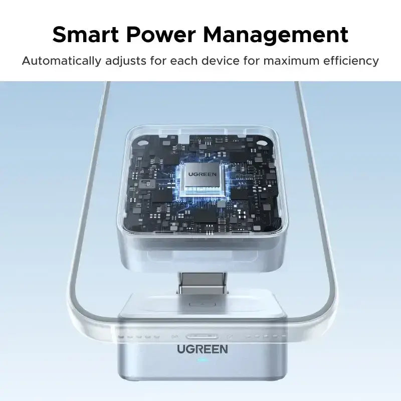 Silver ugreen magnetic wireless charger stand with transparent casing revealing internal circuitry and central chip