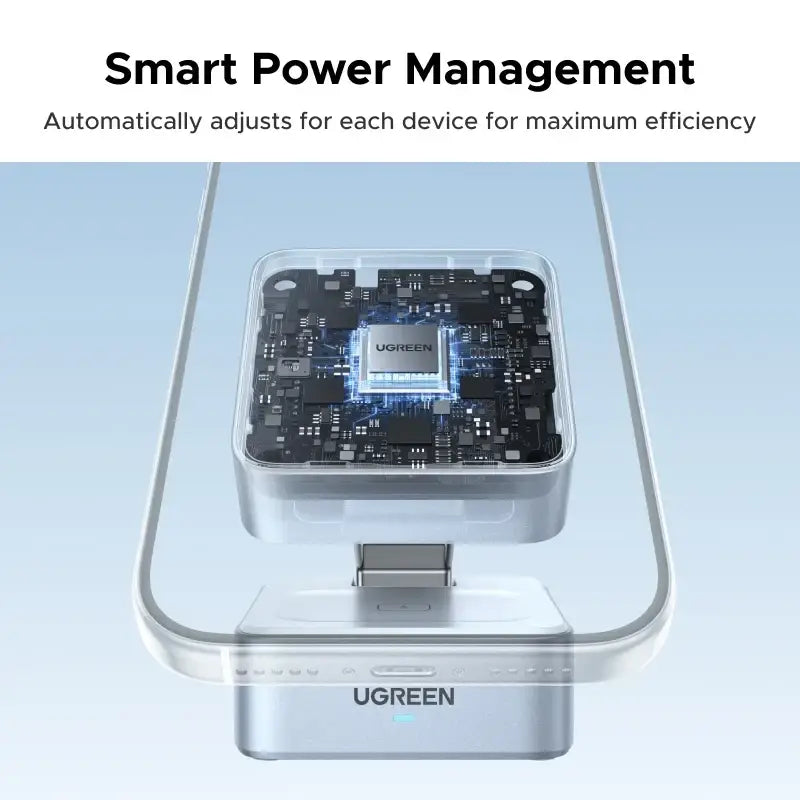 Silver ugreen magnetic wireless charger stand with transparent casing showing internal circuitry and central chip