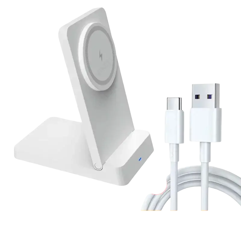White magnetic wireless charger stand with circular wireless charging pad and matching USB-C to USB-A cable for iPhone