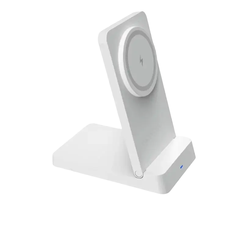 White magnetic wireless charger stand with circular induction pad and minimalist design for iphone charging