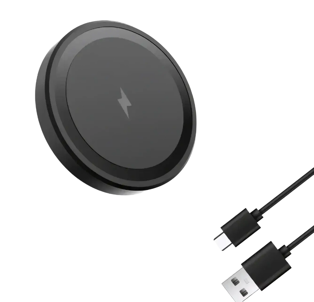 Black circular magnetic wireless charger with type c connector and lightning bolt emblem on matte surface