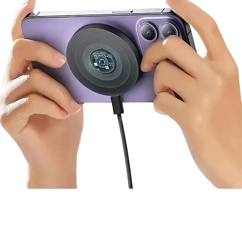 Purple smartphone back with circular magnetic wireless charger attached featuring type c connector
