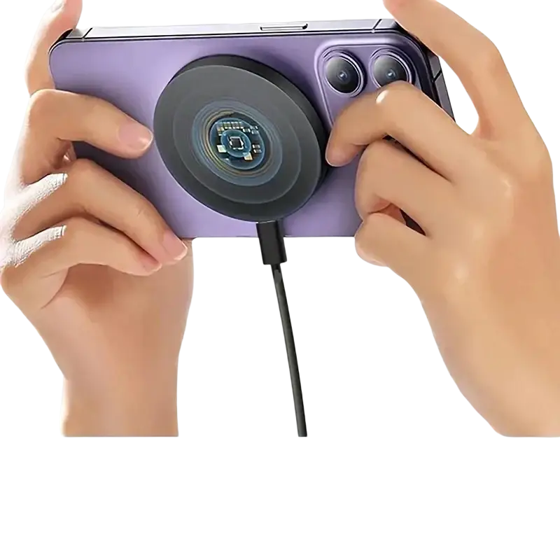 Purple smartphone back with magnetic wireless charger attached featuring type c connector and portable design