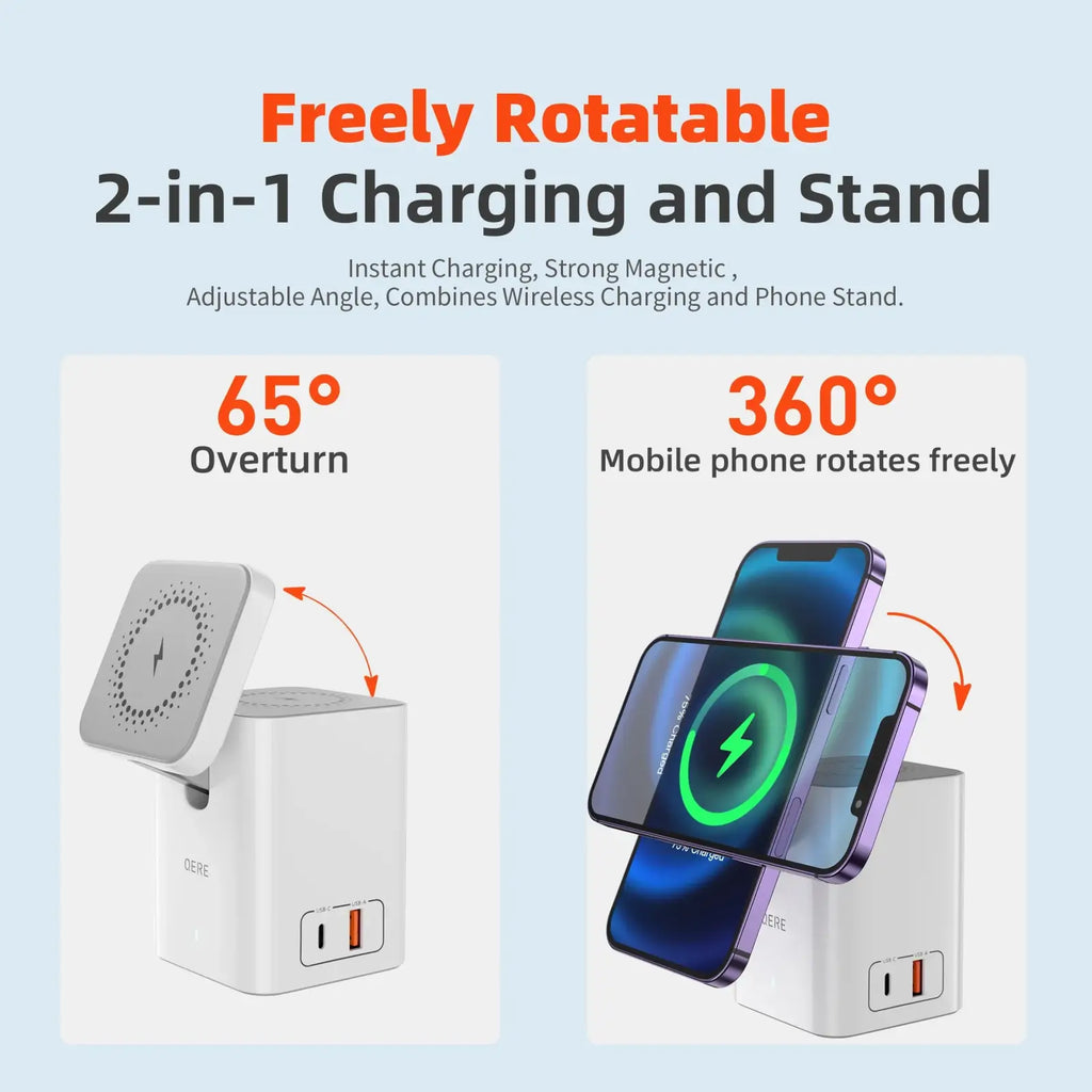 White 2-in-1 magnetic wireless charging station 65w with 65° overturn angle and 360° rotation for flexible phone stand use