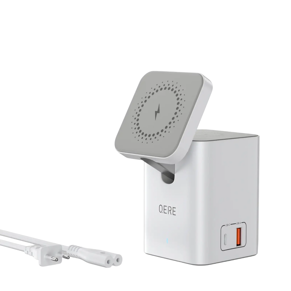White qere magnetic wireless charging station 65w with sleek minimalist design and integrated usb-c port